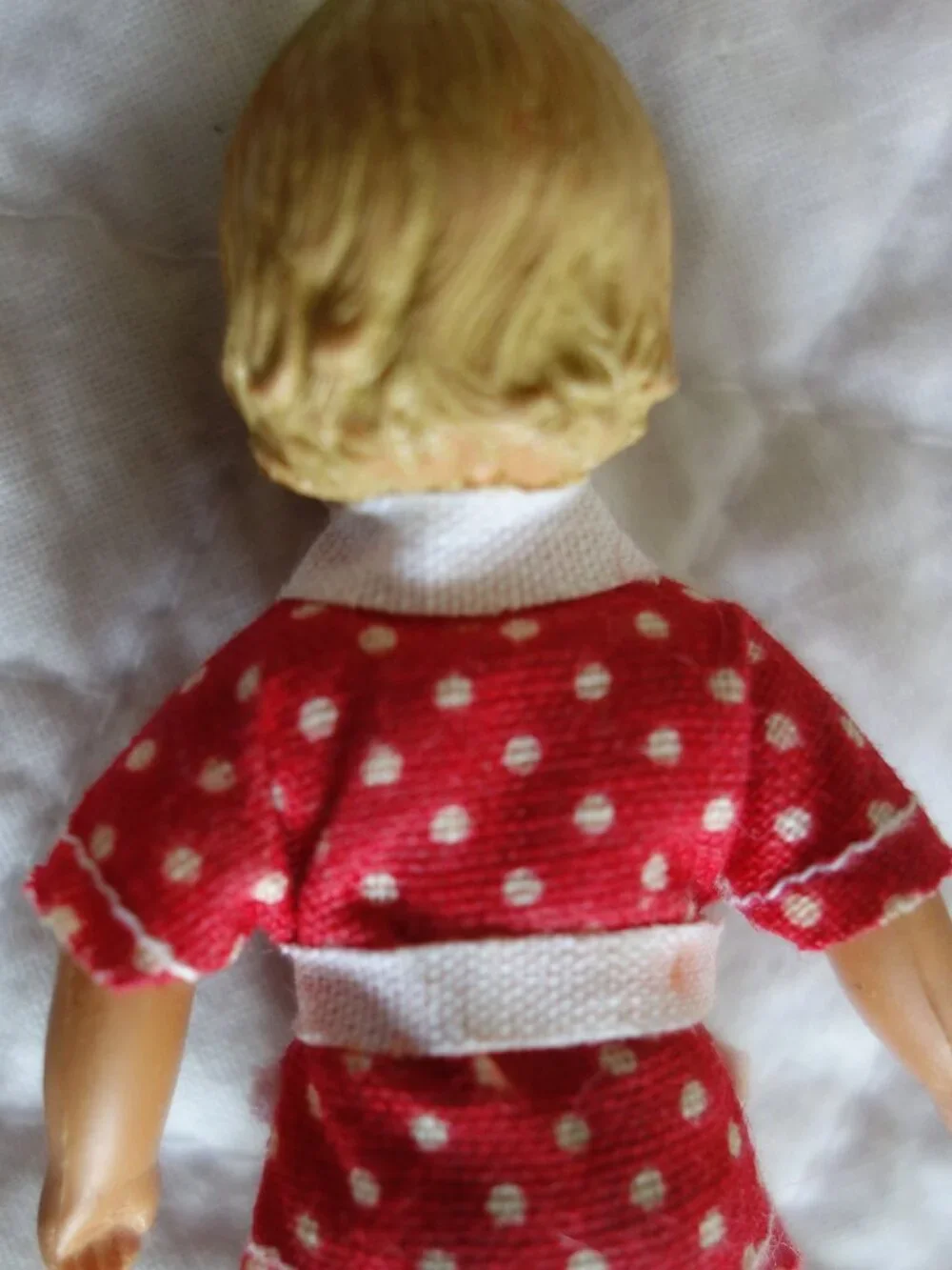 Vntg German ARI Rubber Dollhouse Doll w/ Molded Hair Red Dress